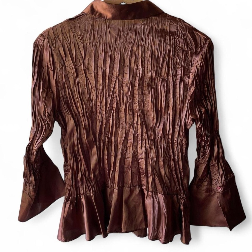Y2K Satin Brown Crinkle Blouse with Flared Sleeves - Picture 2 of 4